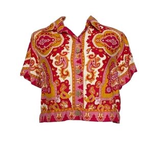 Rose & Thyme Orange Paisley Medium Button Down Crop Top